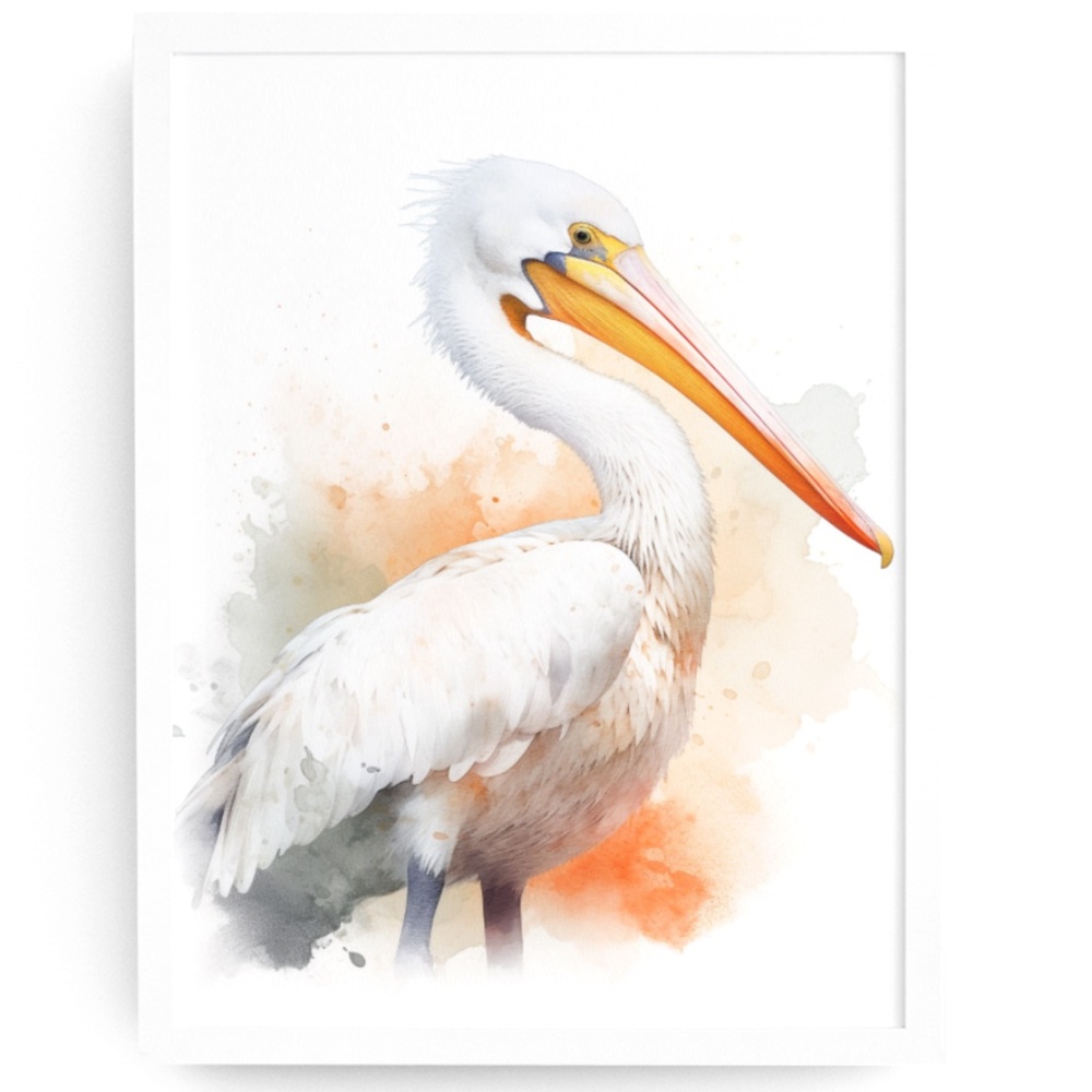 White Pelican Bird Wall Art Watercolor Illustration Print Poster Unframed